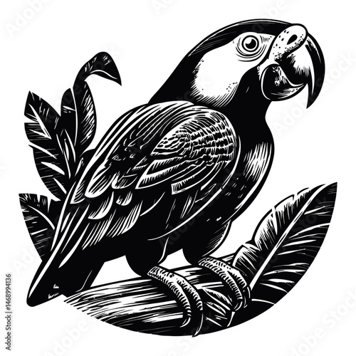 Detailed Vector Illustration of a Parrot with Tropical Leaves