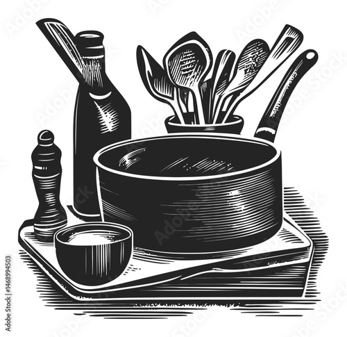 Kitchen Utensils and Cooking Implements in Vintage Style Illustration