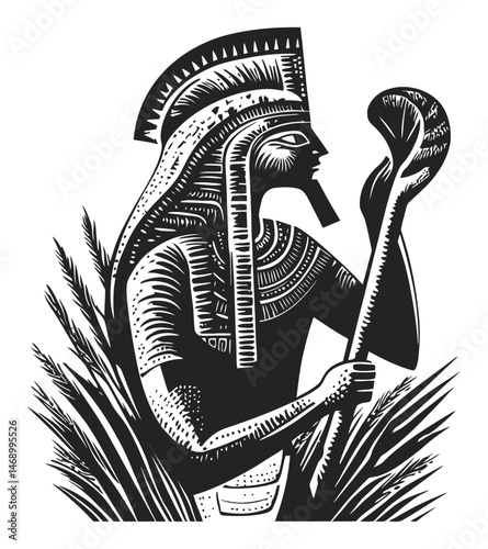 Detailed Vector Illustration of Ancient Warrior with Staff and Armor