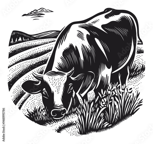 Black and White Vector Illustration of a Grazing Cow in Pastoral Landscape