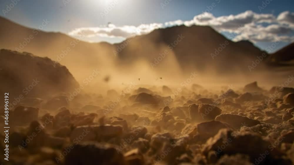 Windy, dusty desert landscape with rocks in the foreground and rugged mountains under a dramatic cloudy sky. Evokes feelings of vastness, desolation, adventure, and the power of nature. Low angle shot