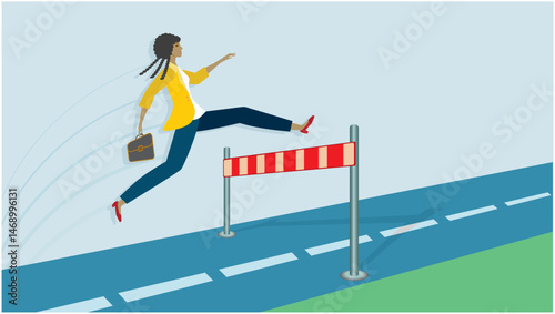 Woman jumping over obstacle on road. Dimension 16:9. Vector illustration.