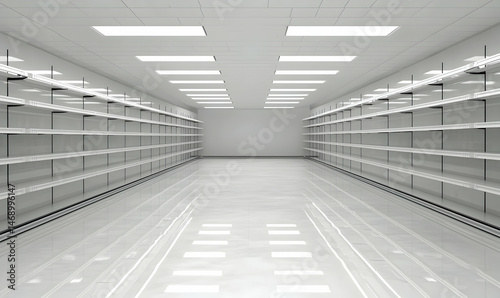 Bright, empty retail space with white shelves and shiny floor. Ideal for product placement or showcasing interior design