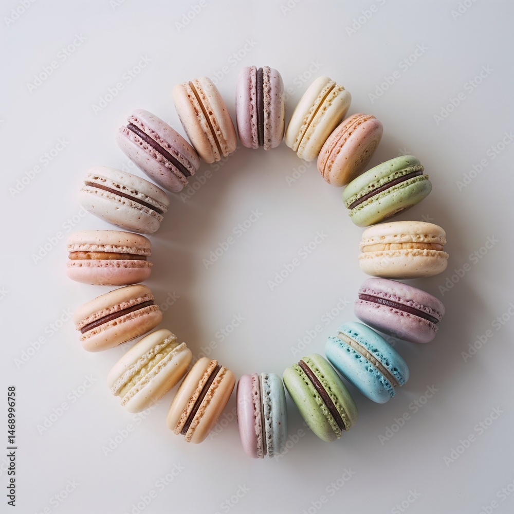Obraz premium Pastel Macarons Arranged in a Circle on White Background