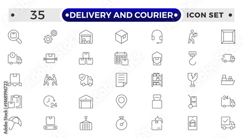Delivery and courier icon set. Containing order tracking, delivery home, warehouse, truck, scooter, courier and cargo icons. Shipping symbol.
