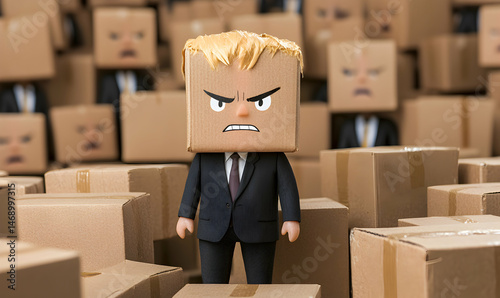 Cartoon man in suit, cardboard box head with angry face, standing amongst similar figures