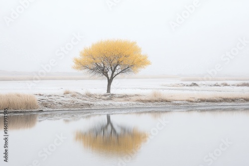 Solitary yellow tree reflects on placid water