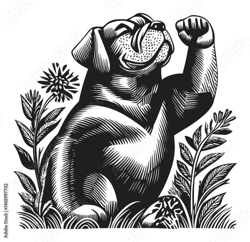Vintage-style vector illustration of a proud dog surrounded by plants
