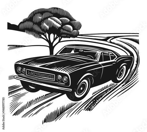 Classic Black Car Driving on Winding Country Road with Tree in View