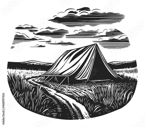Black and White Vector Illustration of Camping Tent in Nature Scene