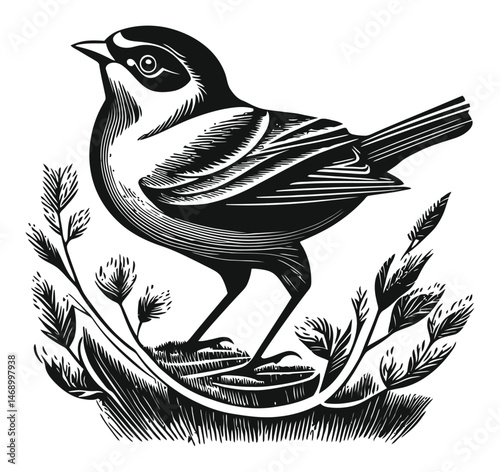 Detailed Vintage Bird Illustration with Nature Elements in Black and White