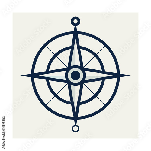 Classic compass rose illustration in navy blue on a neutral background for navigation
