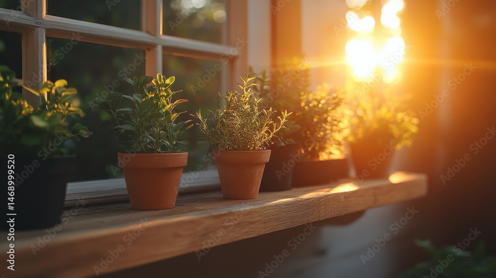 Fototapeta premium Potted Plants on Shelf by Window with Sunlight