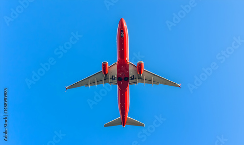 Crimson airplane soars, seen directly from below, against a backdrop of a pristine blue sky