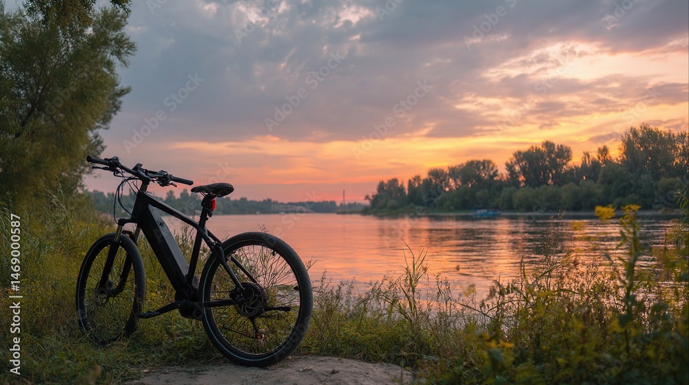 Fototapeta premium Peaceful Dusk Bicycle by Calm Riverbank Amidst Natural Beauty