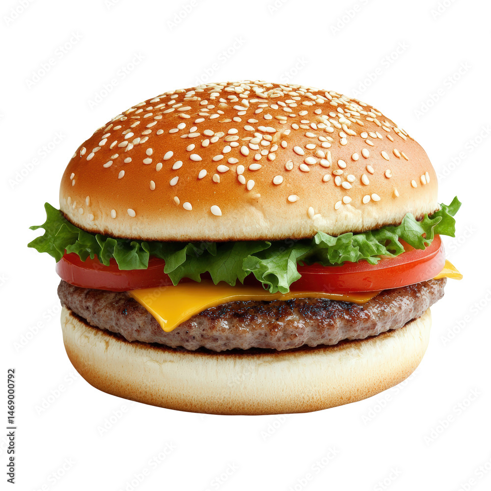 Juicy hamburger stacked with fresh ingredients and topped with melted cheese and vegetables on a rustic wooden table isolated on transparent background.. Juicy hamburger stacked with fresh ingredients and topped with melted cheese and vegetables on a rustic wooden table isolated on transparent background..