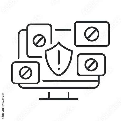 Vector illustration of ad blocking icon displayed on computer screen with warning signs and signifying protection and security from unwanted content