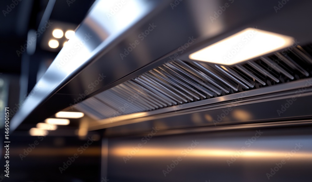 Obraz premium Modern kitchen range hood detail, illuminated, stainless steel, close-up