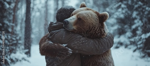 Bear Hugging Person in Snowy Forest