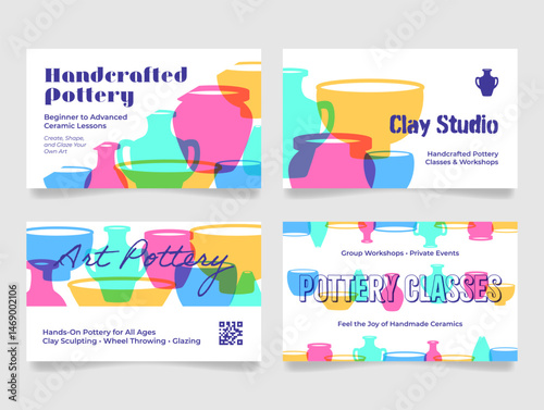 Ceramic lesson handcrafted pottery clay studio business card design template set vector flat