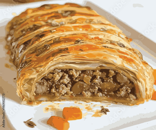 Beef Wellington vector illustration. Realistic gourmet dish with golden puff pastry and beef tenderloin. Perfect for restaurant menus, recipe books, and culinary design projects.