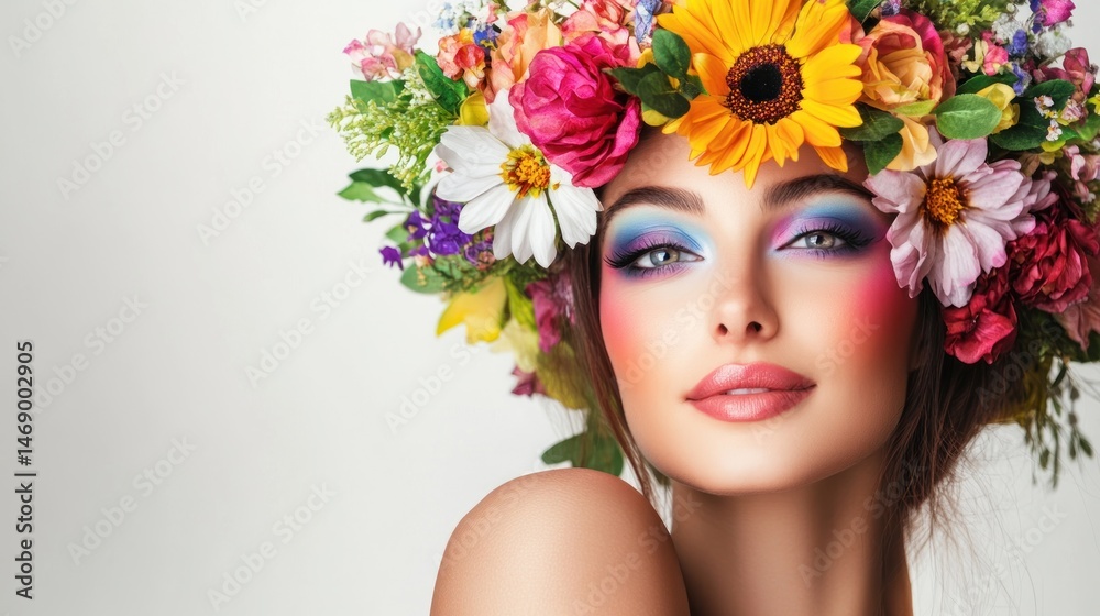 Fototapeta premium Elegant woman adorned with floral crown and vibrant makeup artistry