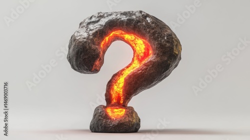 Molten rock question mark, 3D render, white background, uncertainty concept