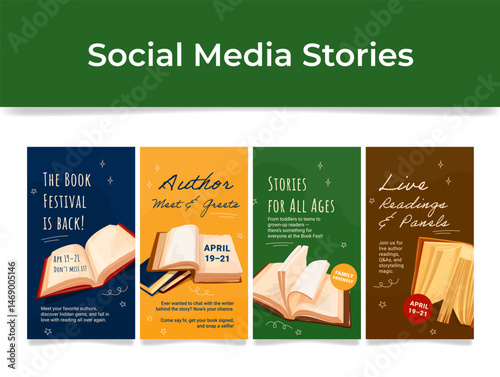 Story book festival author reading meeting social media stories design template set isometric vector