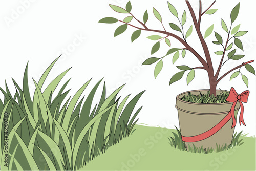 183 lush green grass, potted plant, red ribbon, decorated, beautiful, detailed, photorealistic