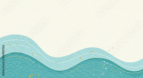 夏の青海波と涼やかな色合いの和風背景、浮世絵風、シンプル、コピースペースあり