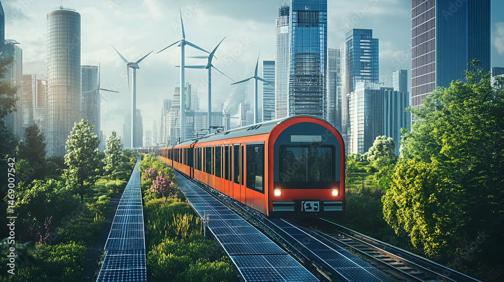 Naklejka premium Futuristic Orange Electric Train in Green City with Wind Turbines