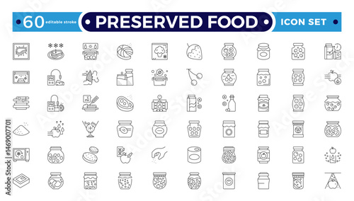 Preserved food outline icons. Fast food vector icon line set. Burger sandwich pizza hot dog cola coffee sweets. Editable stroke outline icon. 
