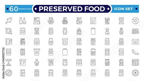 Preserved food outline icons. Fast food vector icon line set. Burger sandwich pizza hot dog cola coffee sweets. Editable stroke outline icon. 
