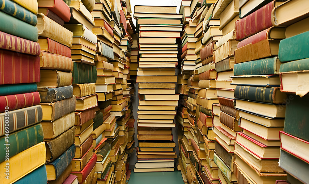 Fototapeta premium Narrow corridor formed by towering stacks of colorful, aged books, creating a sense of being surrounded by knowledge