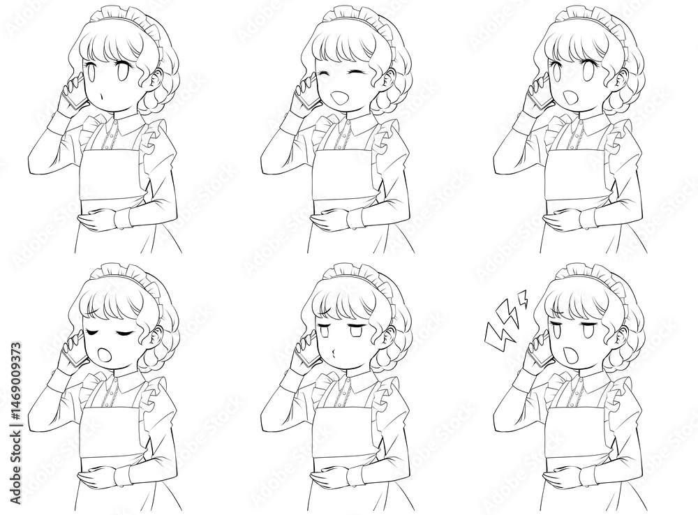 スマホで電話をかけるメイドの線画。様々な表情6種類セット
