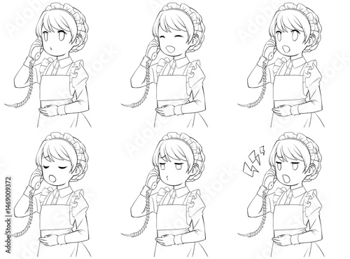 受話器を持って話すメイドの線画・様々な表情6種類セット