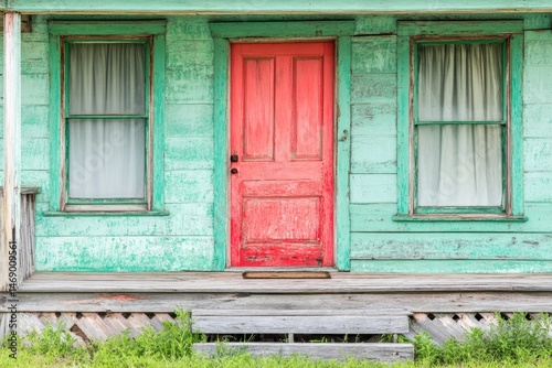 Vibrant teal house with red door