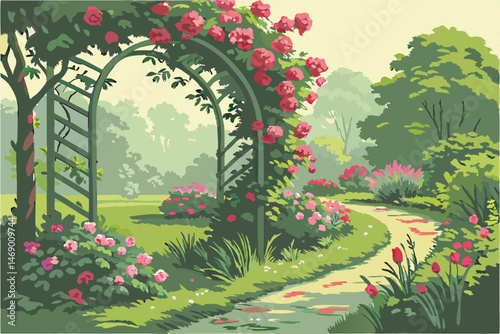184 a beautiful lush garden with pink roses, flowering plants, and a winding path through the greenery, in the style of an impressionist painting, vibrant colors, soft lighting, dreamy atmosphere, hig