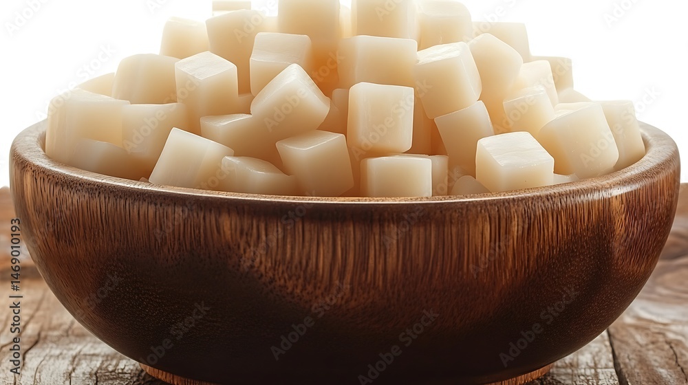 Close-up of cubed, light-colored vegetables in a wooden bowl. Close-up of cubed, light-colored vegetables in a wooden bowl.
