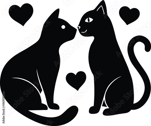  black and white illustration of two cats with hearts