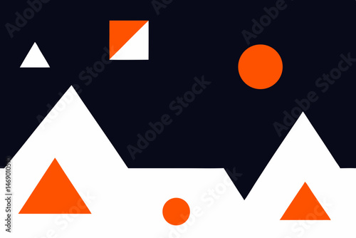 Abstract geometric art Bold orange and white triangles circles against a dark navy background