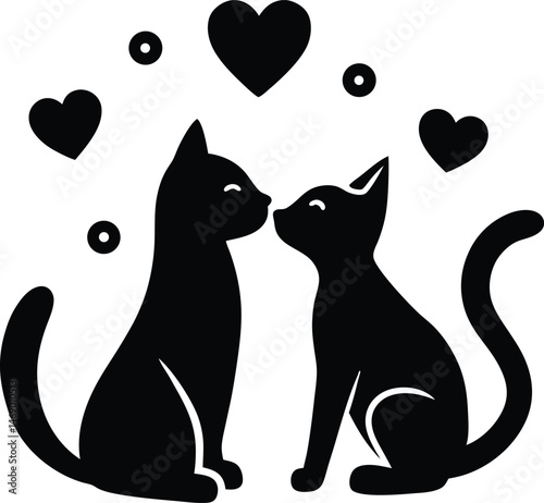  black and white illustration of two cats with hearts