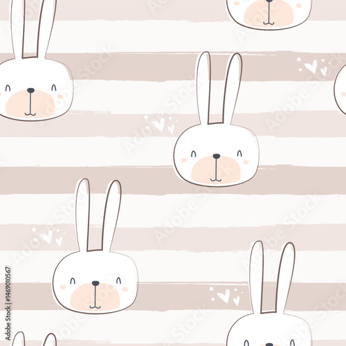 Hand drawn cute rabbit seamless pattern with aesthetic brush pastel color. Childish and playful  vector illustration for kids or baby apparel,  textile, print, wrapping paper, kindergarten and other