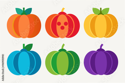 Colorful Pumpkins A Festive Autumn Harvest Collection of Six Vibrant Pumpkins Flat Design