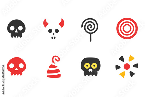 Spooky Halloween icons skulls devil horns lollipops and more Simple bold graphics