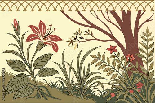 185 detailed botanical illustration, rich colors, realistic floral motifs, dense foliage, lush undergrowth, organic textures, intricately patterned background, whimsical natural elements, vibrant wild