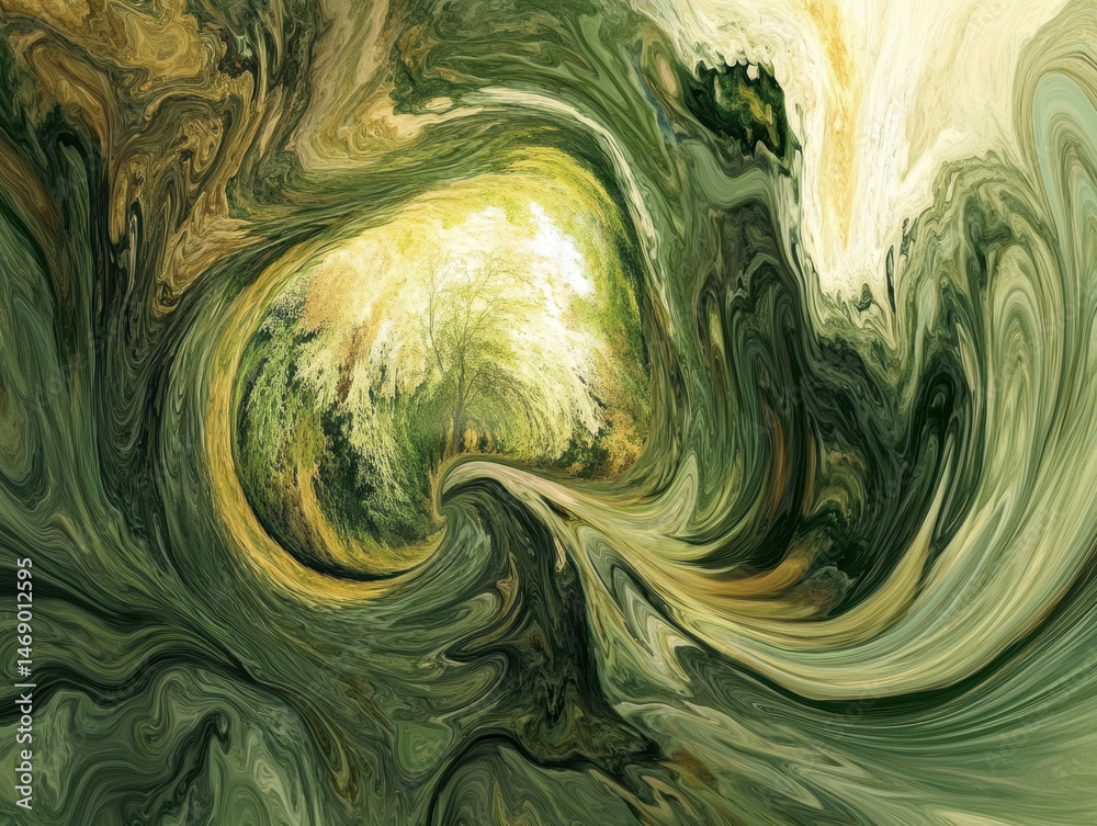 Obraz premium Abstract swirling green and yellow nature inspired artwork with forest trees and canopy creating a panoramic surreal visual impression