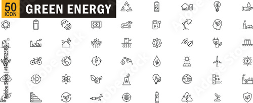 Green energy editable outline icon set. Solar, wind, renewable, eco power, electric car, sustainability, recycling, battery, energy saving and more.
