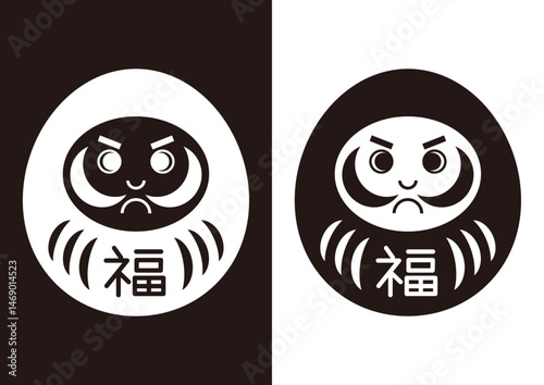 かわいいだるまの白黒ベクターイラスト