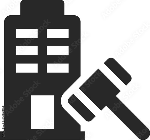Commercial building with auction gavel symbol for property bidding, solid icon vector.
